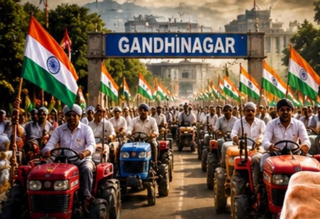 गुजरात प्रदेश के के किसानों ने टैक्टर रेली निकल कर सरकार को++++++
