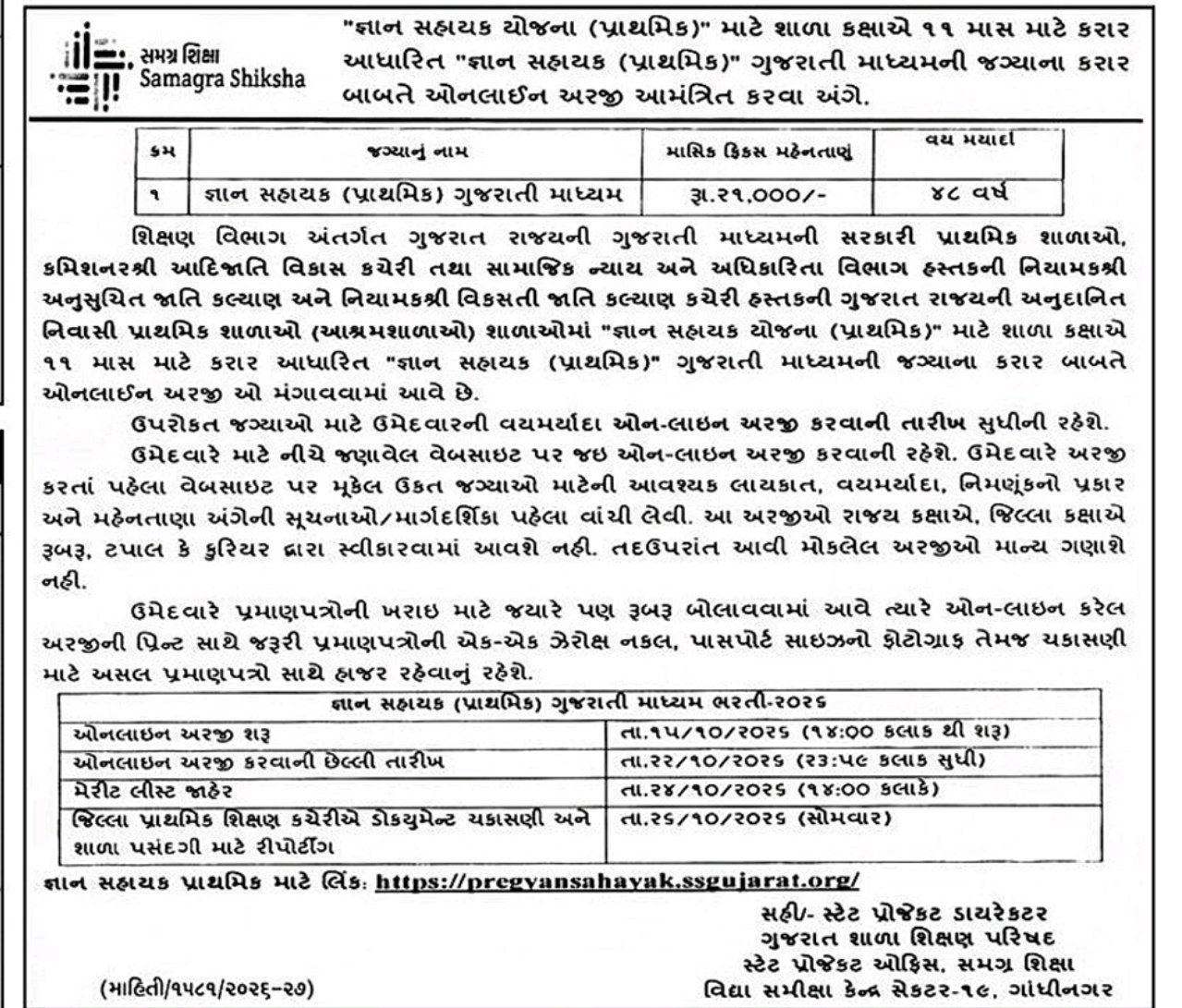गुजरात प्रदेश में ज्ञान सहायक पदों पर भर्ती